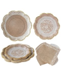 62 pcs Burlap and Lace Tableware Set