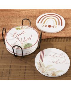 Boho Ceramic Coaster with Holder (Set of 6)
