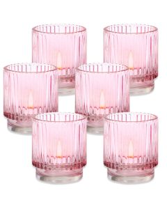 Ribbed Pink Glass Votive Candle Holder (Set of 6)