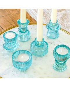 Blue Ribbed Candlestick/Tealight Holders- Set of 6