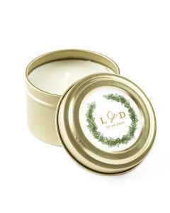 Personalized Gold Tin Candle Wedding Favor - Love Wreath 3oz