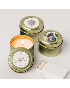 Large Gold Tin Candle with Custom Printed Stickers for Wedding or Event - Upload Your Own Design