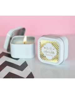 Personalized Metallic Foil Square Candle Tins - Wedding